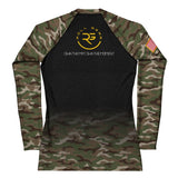 Roll Gear Women's Army Classic Long Sleeve Rash Guard with black body and woodland camo sleeves, featuring U.S. Army lettering and star emblem.