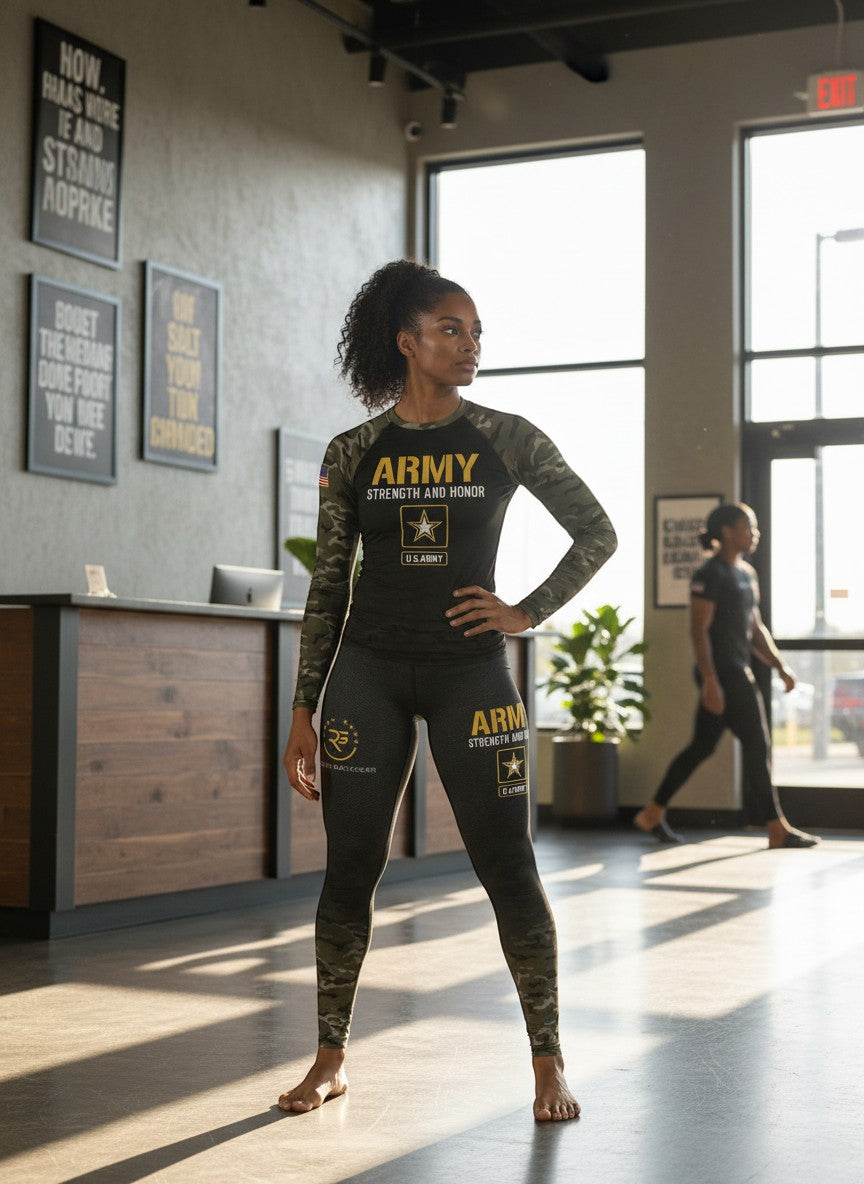 Roll Gear women's black compression spats with army strength and honor graphic and camouflage fade.