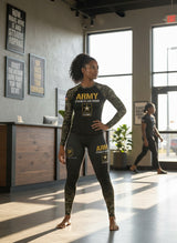 Roll Gear women's black compression spats with army strength and honor graphic and camouflage fade.