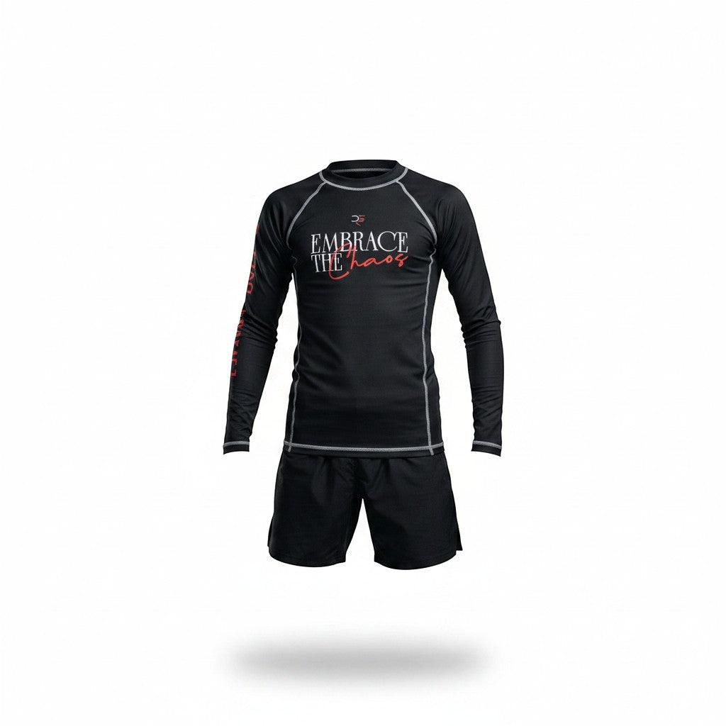 Roll Gear black long sleeve rash guard with red "Embrace The Chaos" graphic and grey stitching. Ideal for BJJ and MMA.