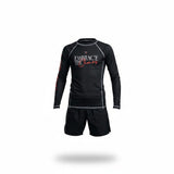 Roll Gear black long sleeve rash guard with red "Embrace The Chaos" graphic and grey stitching. Ideal for BJJ and MMA.