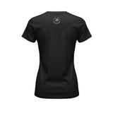 Roll Gear women's black cotton high-waisted t-shirt with circular logo on back.