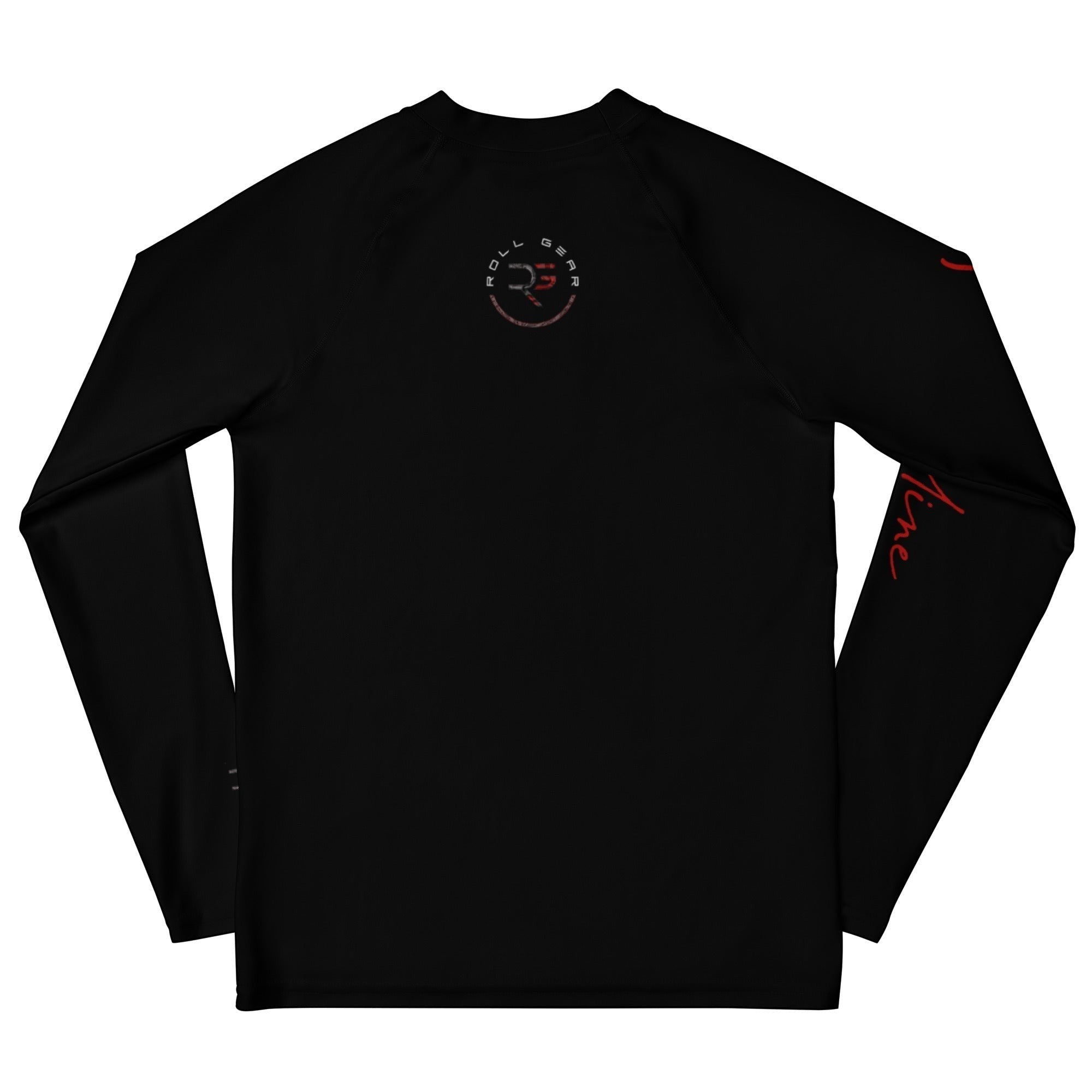 Black long-sleeve shirt with a logo on the chest and text on the sleeve against a white background
