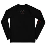 Black long-sleeve shirt with a logo on the chest and text on the sleeve against a white background