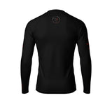 Roll Gear black long sleeve youth performance rash guard with red graphic on sleeve and logo on back.