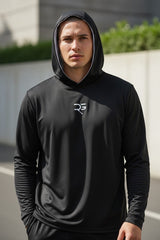 Roll Gear black performance long sleeve hoodie with white interior hood lining and subtle chest logo. Ideal for activewear.