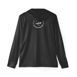 Roll Gear black performance long sleeve hoodie with graphic logo on back and sleeve. Lightweight, breathable fabric.