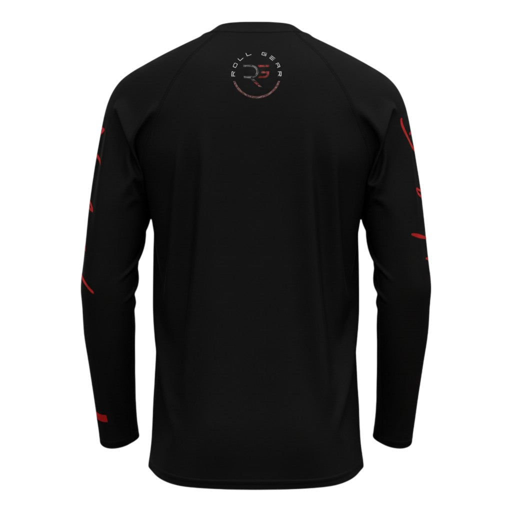 Roll Gear Embrace the Chaos Rash Guard – Black – Men’s, flat back view, Roll Gear emblem and red sleeve script.