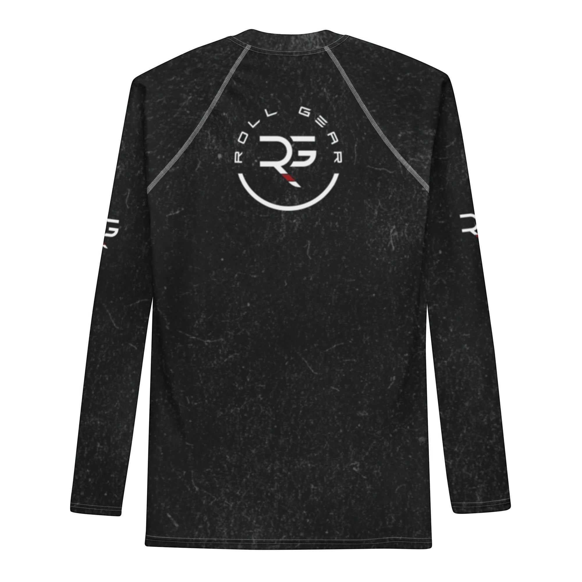 Roll Gear Earned Not Given – Own The Mat Long Sleeve Rash Guard – Men's Black, flat back view, Roll Gear emblem.