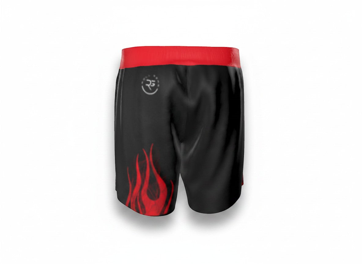 Roll Gear black grappling shorts with red flame design and red waistband. Designed for training and mobility.