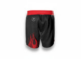 Roll Gear black grappling shorts with red flame design and red waistband. Designed for training and mobility.