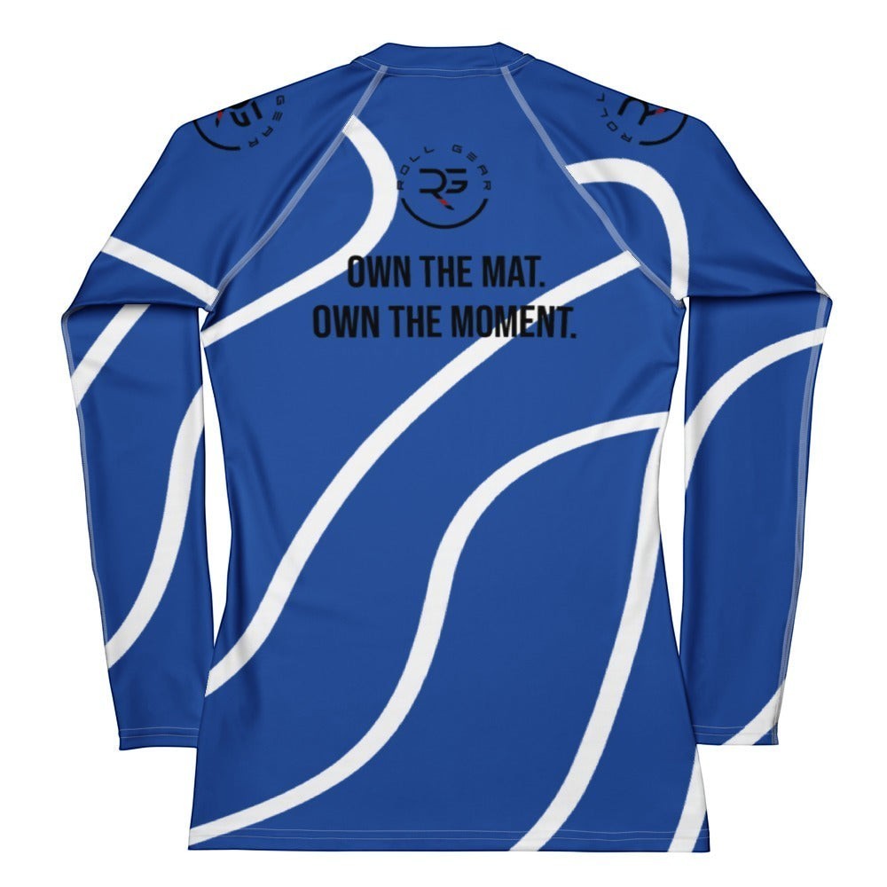 Roll Gear blue long sleeve compression shirt with white wave pattern and motivational text "OWN THE MAT. OWN THE MOMENT."