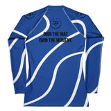 Roll Gear blue long sleeve compression shirt with white wave pattern and motivational text "OWN THE MAT. OWN THE MOMENT."