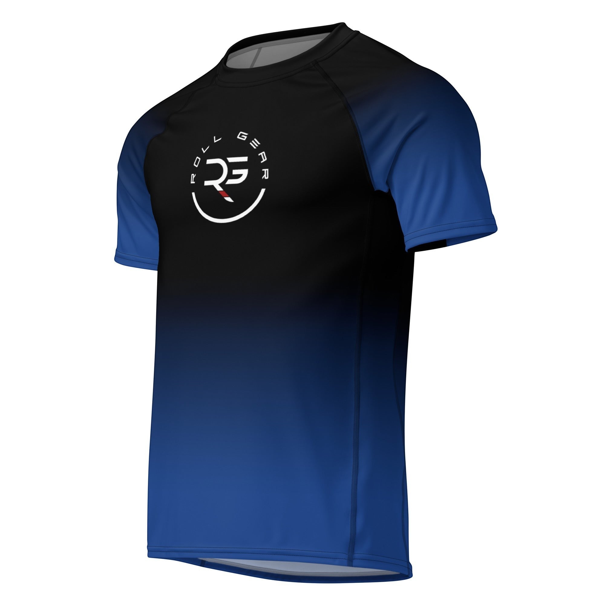 Roll Gear adult short sleeve rash guard in blue fade design, black top fading to blue bottom. Moisture-wicking fabric.