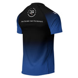 Roll Gear adult short sleeve rash guard in blue and black fade. Features moisture-wicking fabric and flatlock seams.