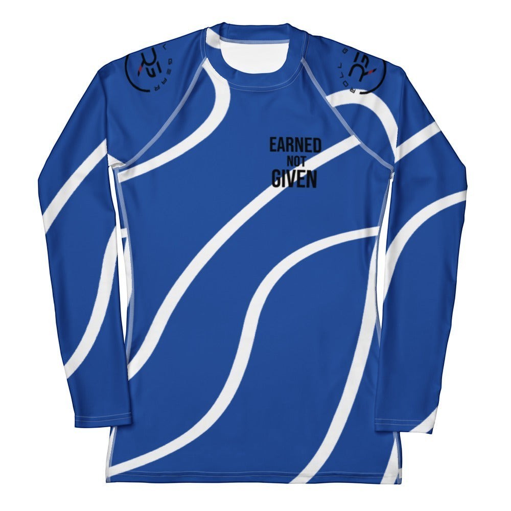 Roll Gear blue long sleeve compression shirt with white wave pattern and "EARNED NOT GIVEN" graphic. Moisture-wicking fabric.