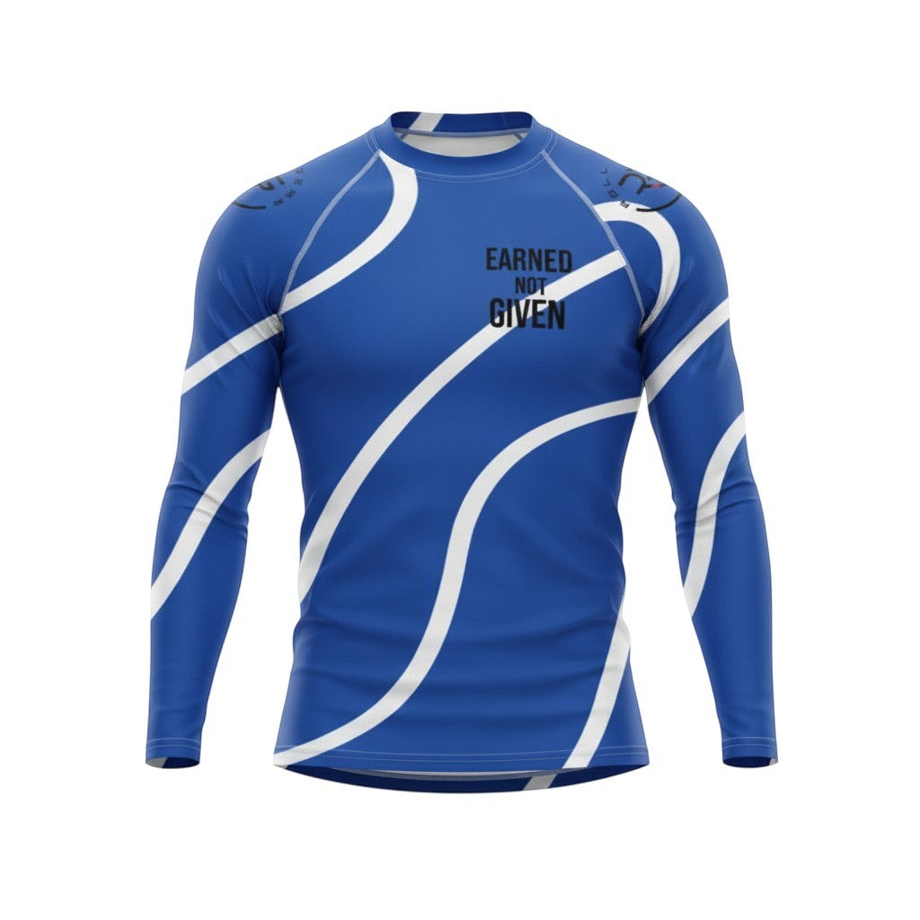 Roll Gear women's blue and white swirl long sleeve rash guard with "Earned Not Given" graphic.