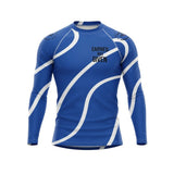 Roll Gear women's blue and white swirl long sleeve rash guard with "Earned Not Given" graphic.