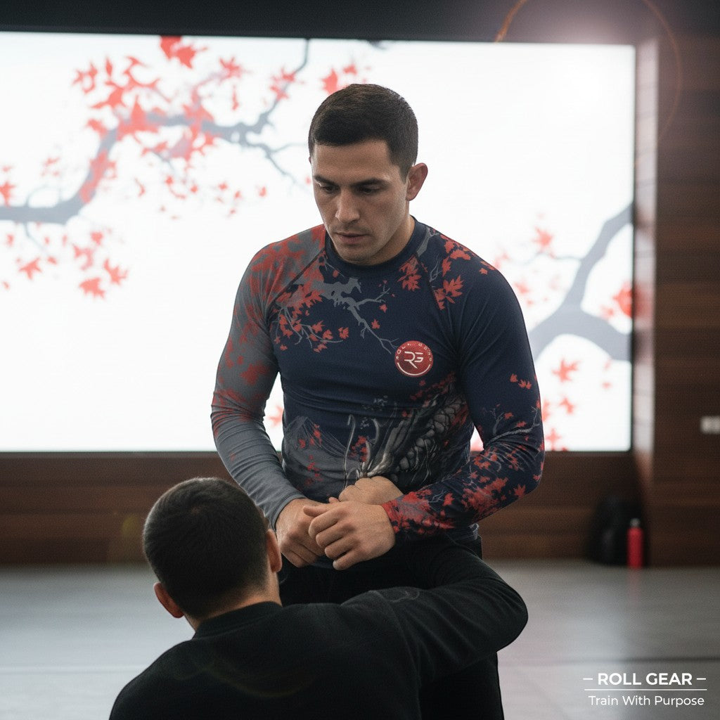 Roll Gear Shadow Dragon Warrior Rash Guard – Dark Navy & Crimson – Men’s Long Sleeve, man training in a dojo.