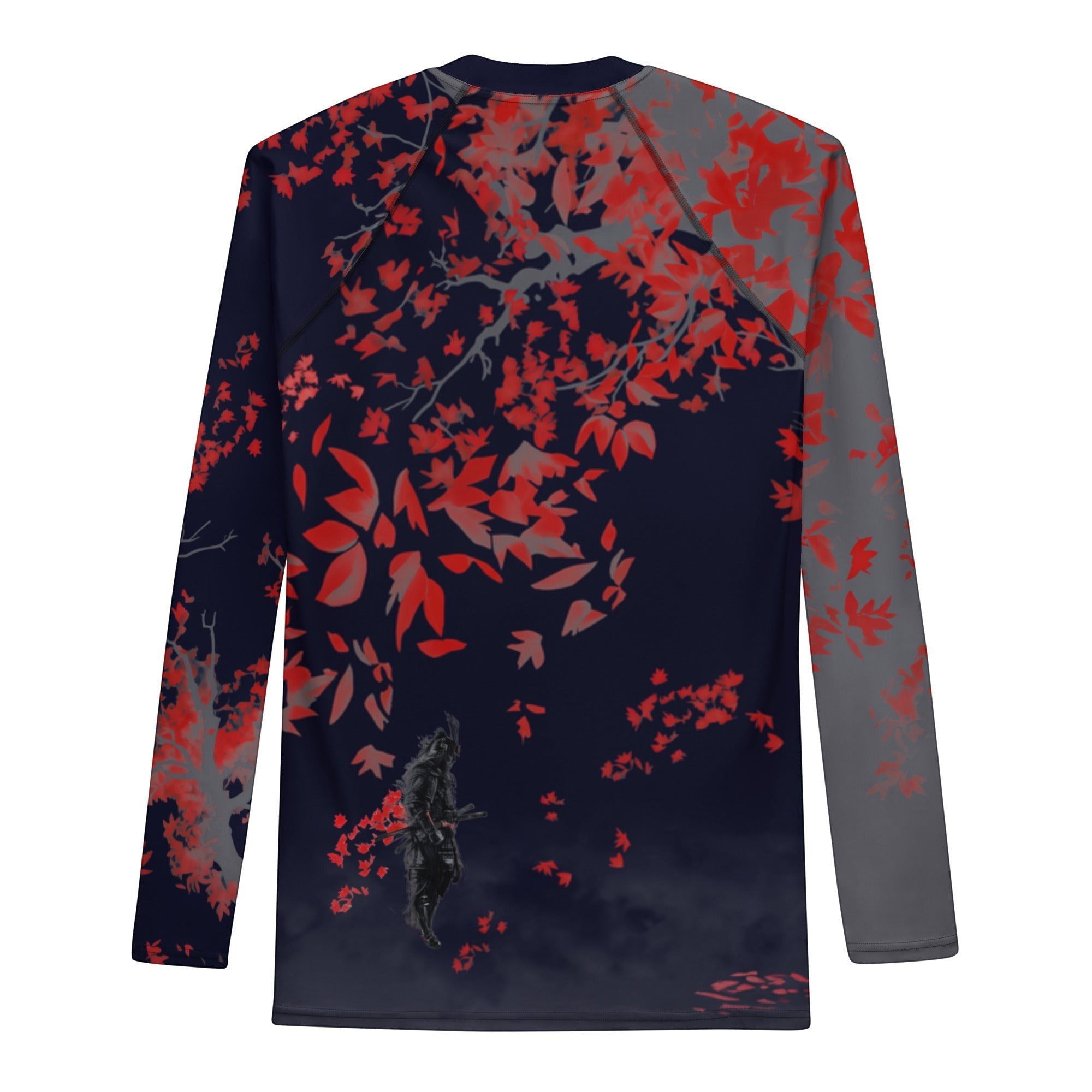 Roll Gear Shadow Dragon Warrior Rash Guard – Dark Navy & Crimson – Men’s Long Sleeve, flat front view, dragon print.