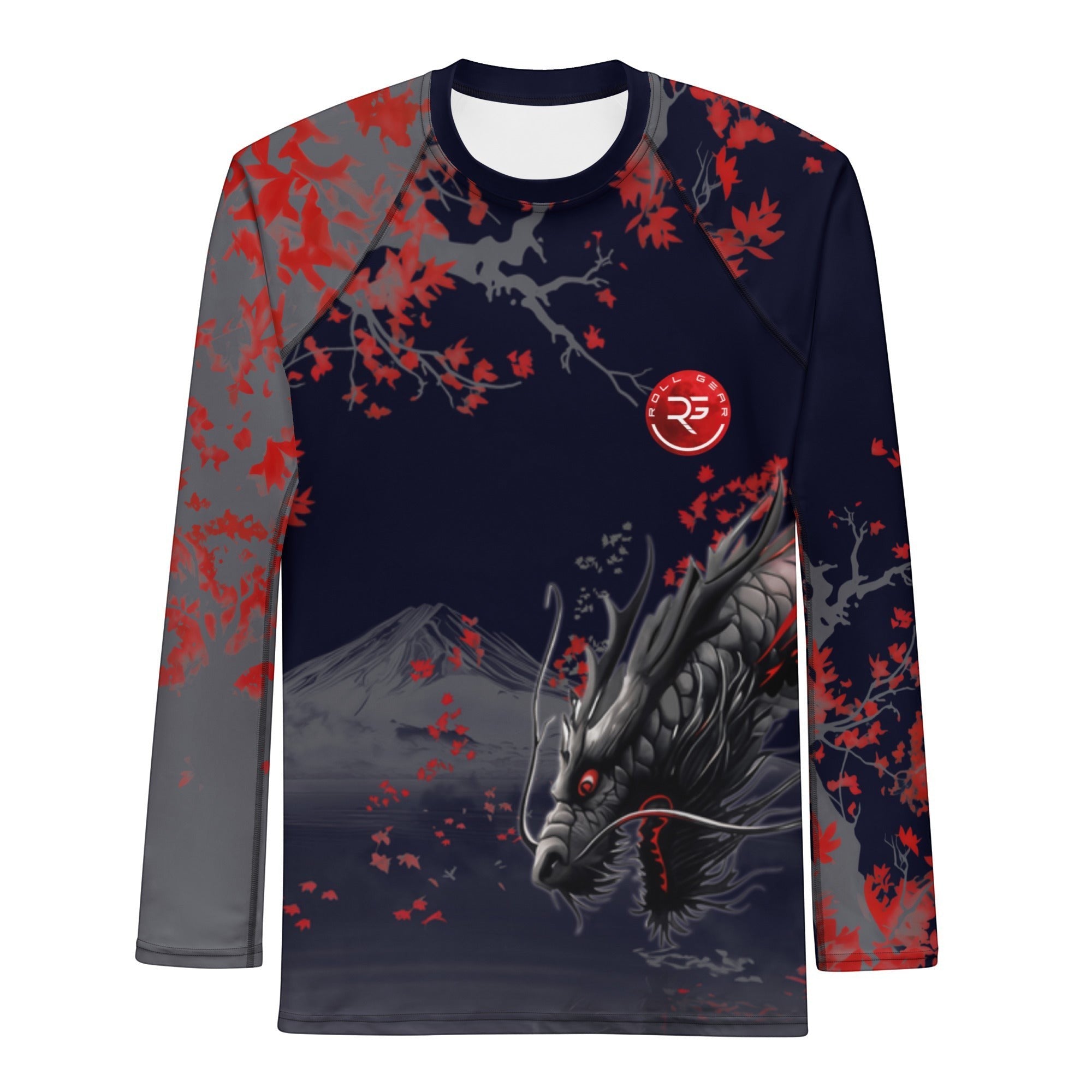 Roll Gear Shadow Dragon Warrior Rash Guard – Dark Navy & Crimson – Men’s Long Sleeve, angled flat front view, dragon print.