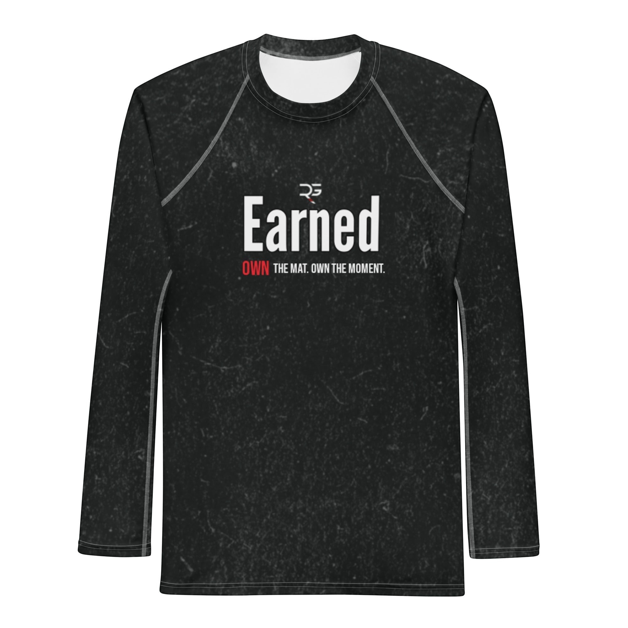 Roll Gear Earned Not Given – Own The Mat Long Sleeve Rash Guard – Men's Black, flat front view.