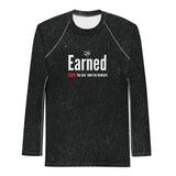 Roll Gear Earned Not Given – Own The Mat Long Sleeve Rash Guard – Men's Black, flat front view.