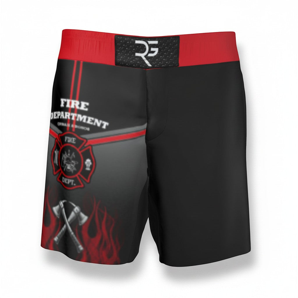 Roll Gear LLC black grappling shorts with red waistband, featuring a fire department graphic with axes and flames on the left leg.