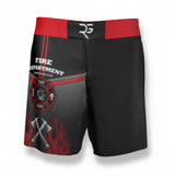 Roll Gear LLC black grappling shorts with red waistband, featuring a fire department graphic with axes and flames on the left leg.