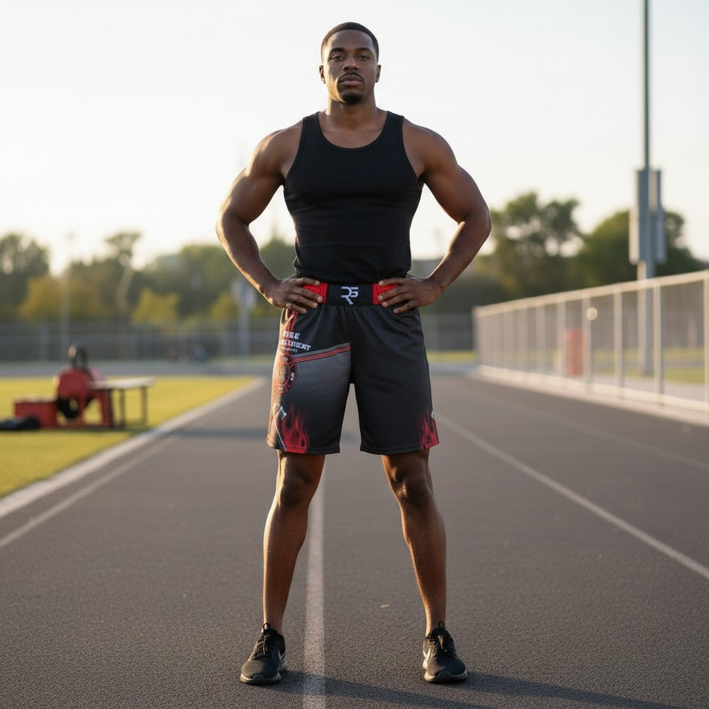 Roll Gear LLC Fire Department grappling shorts in black with red flame accents and firefighter graphic. Designed for mobility.