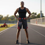Roll Gear LLC Fire Department grappling shorts in black with red flame accents and firefighter graphic. Designed for mobility.