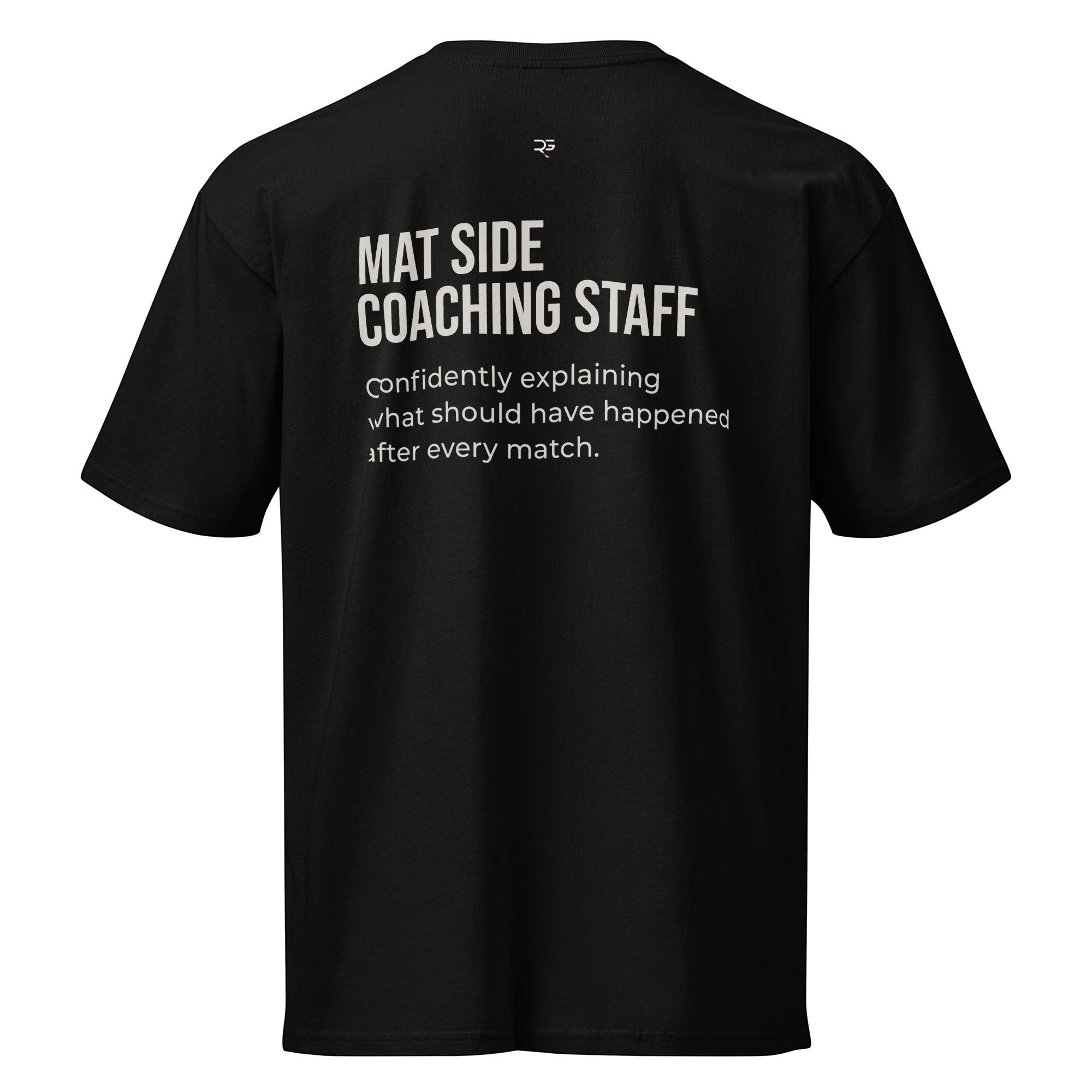 Black heavyweight tee, third front view of the Full-Time Mat Analyst chest print.
