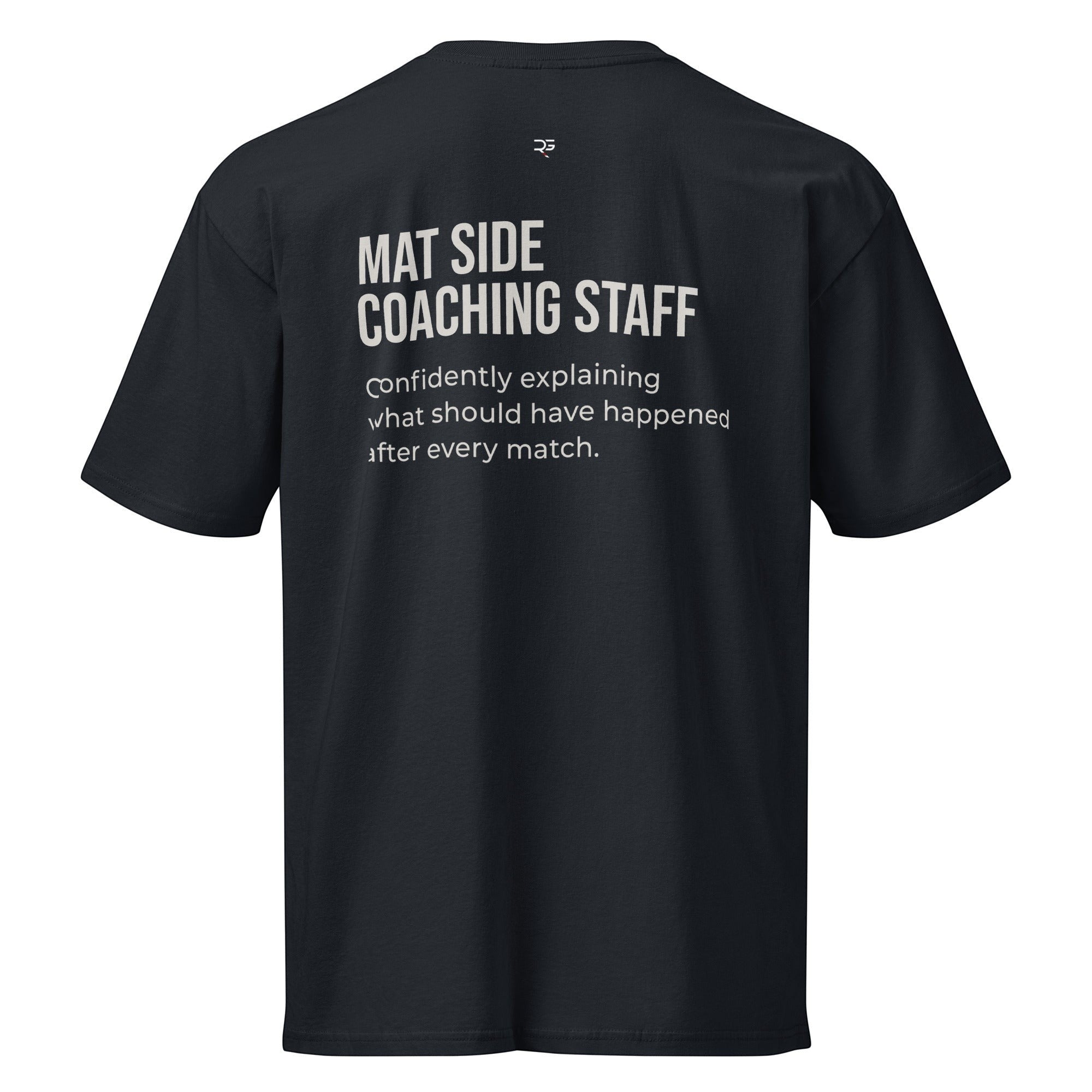 Navy Blazer heavyweight cotton tee, flat front view of the Full-Time Mat Analyst chest print.