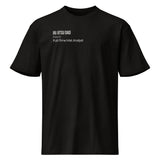 Black heavyweight tee, second flat front view showing chest print placement and drop shoulder cut.