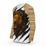 Roll Gear Lion’s Pride Long Sleeve Rash Guard – White & Gold, angled front view, lion head print.
