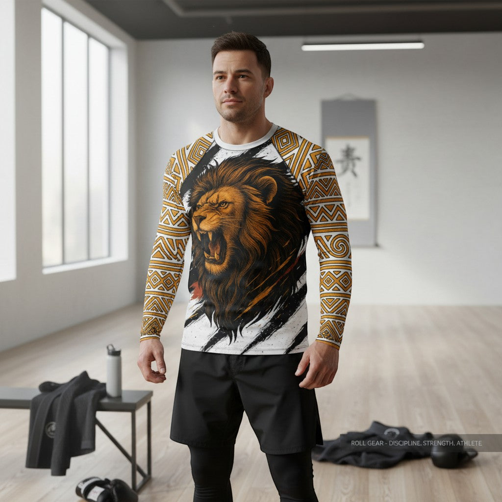 Roll Gear Lion’s Pride Long Sleeve Rash Guard – White & Gold, front view, lion head print, worn in a dojo.