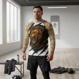 Roll Gear Lion’s Pride Long Sleeve Rash Guard – White & Gold, front view, lion head print, worn in a dojo.
