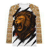 Roll Gear Lion’s Pride Long Sleeve Rash Guard – White & Gold, flat front view, roaring lion print with brushstroke accents.