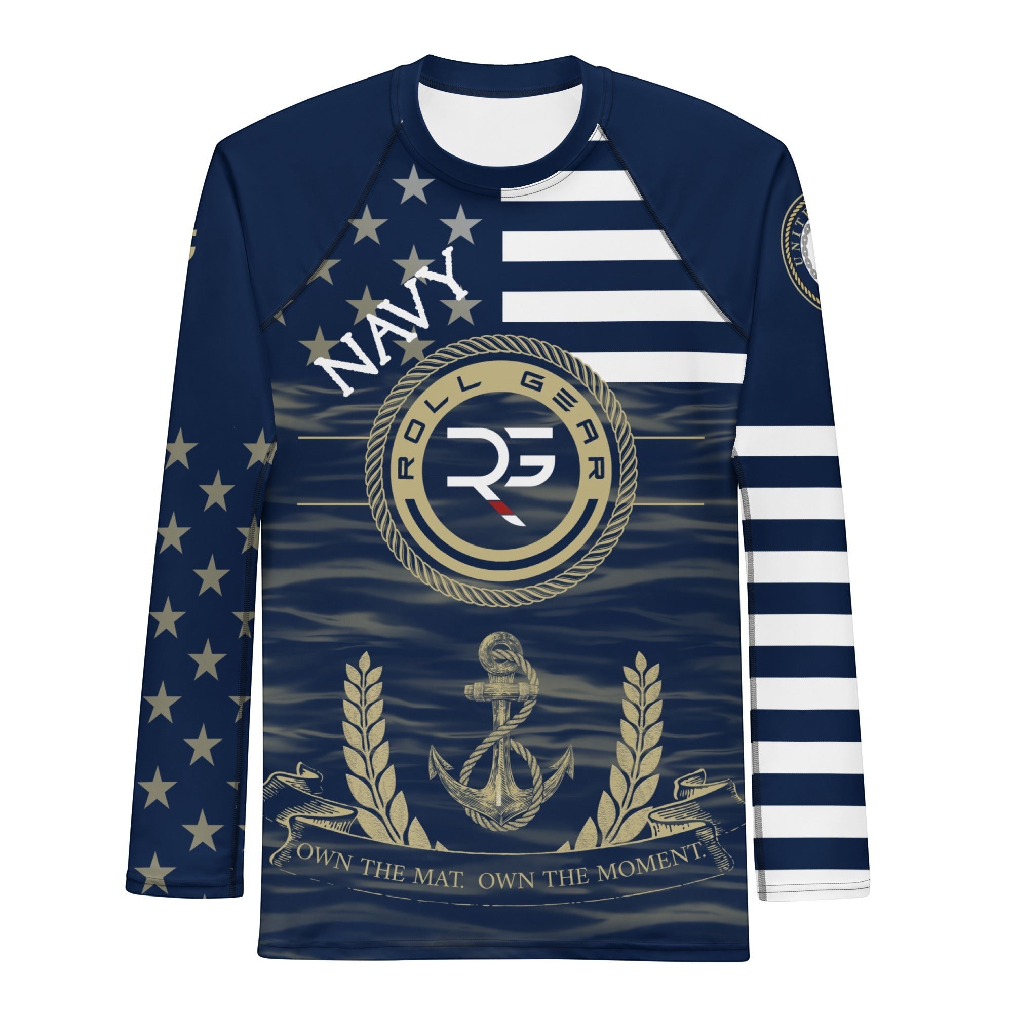 Roll Gear men's navy long sleeve rash guard with gold anchor and US Navy-inspired graphics. Compression fit, performance fabric.