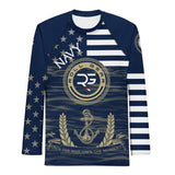 Roll Gear men's navy long sleeve rash guard with gold anchor and US Navy-inspired graphics. Compression fit, performance fabric.