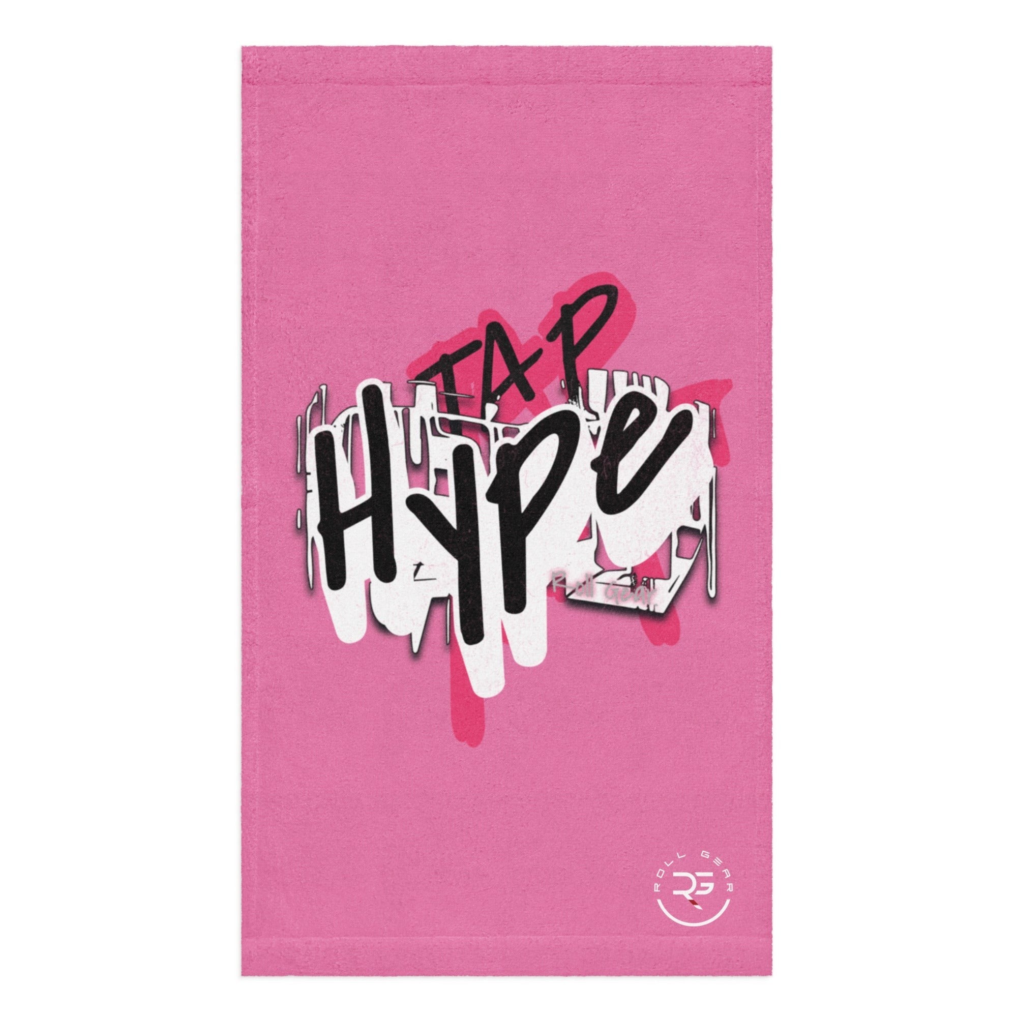 Roll Gear pink training towel with white and black graffiti-style 'HYPE' graphic and logo.