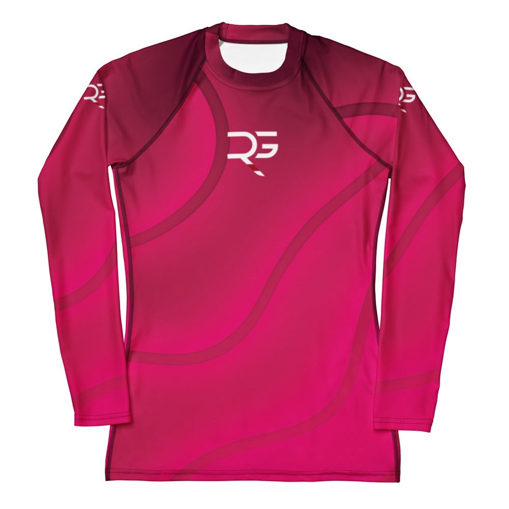 Roll Gear pink long sleeve performance compression shirt with curved design elements and white logo. Moisture-wicking fabric.