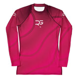 Roll Gear pink long sleeve performance compression shirt with curved design elements and white logo. Moisture-wicking fabric.