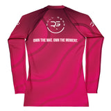 Roll Gear pink long sleeve performance compression shirt with graphic design and text "OWN THE MAT. OWN THE MOMENT."