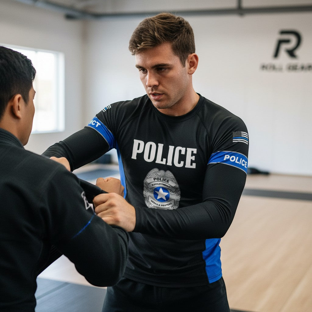 Roll Gear Men's black long sleeve rash guard with "POLICE" text, badge emblem, and blue accents. Compression fit for BJJ, MMA, and training.