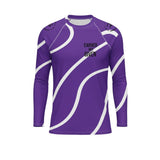 Roll Gear men's long sleeve rash guard in purple with white swirls and "Earned Not Given" text. Premium performance fabric.