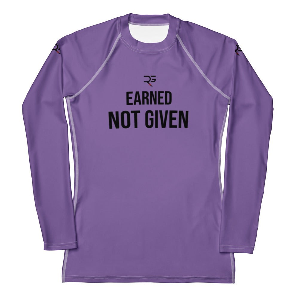 Roll Gear Excuses Don’t Burn Calories Rash Guard – Purple – Women’s, flat front view, Earned Not Given text.