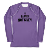 Roll Gear Excuses Don’t Burn Calories Rash Guard – Purple – Women’s, flat front view, Earned Not Given text.