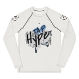 Roll Gear white long sleeve performance rash guard with blue and black 'TAP HYPE' graphic print. Athletic fit for training.