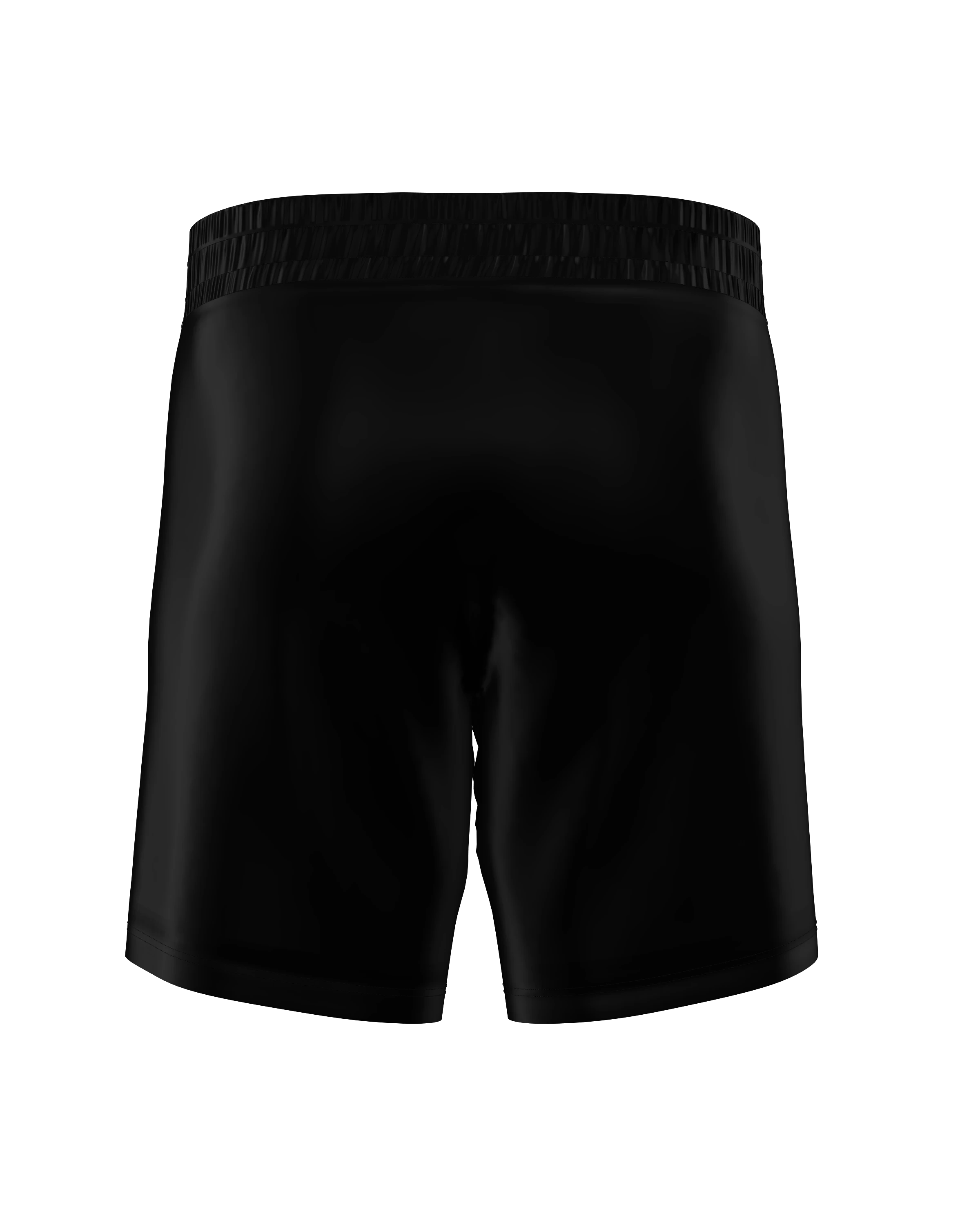 Roll Gear LLC USMC black long cut grappling shorts with elastic waistband and split leg design for mobility.